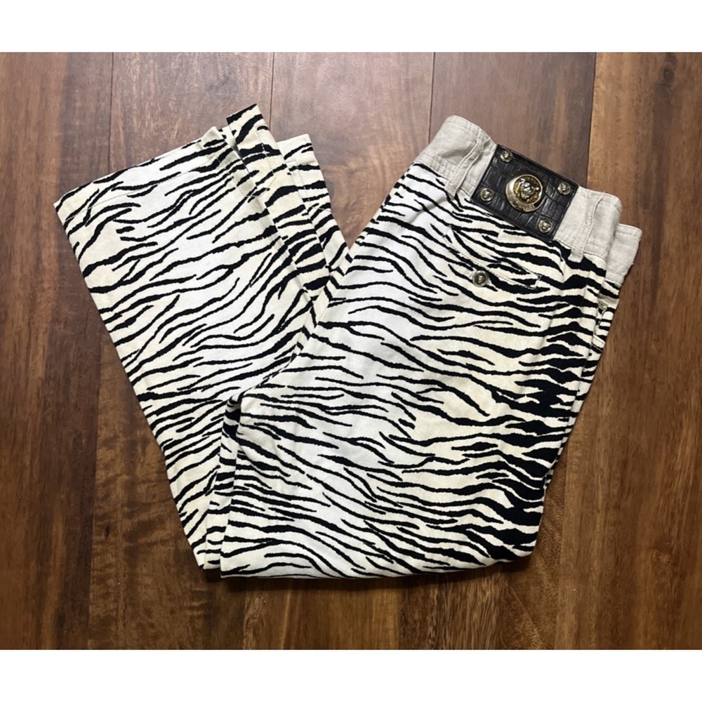 Vtg ESCADA Capri Pant Zebra Animal Print 3D Leather Logo Italy Size 40 US sz 9